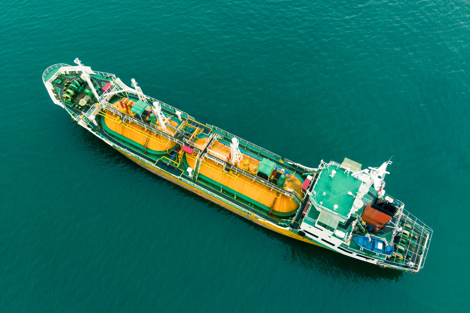 Aerial view of sea freight, Green,yellow oil tanker ship, Lpg, Cng at industrial estate Thailand / Crude Oil tanker to Port of Singapore - import export around in the world