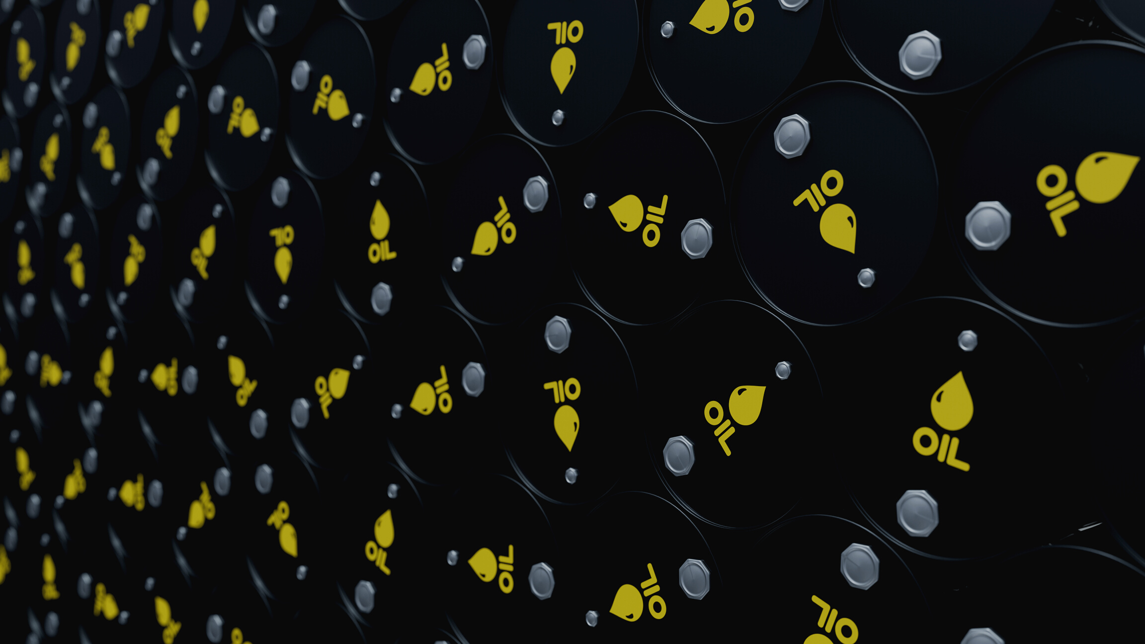 Wall of black oil or petroleum barrels. Gasoline or crude oil containers. Fuel industry 3d render illustration