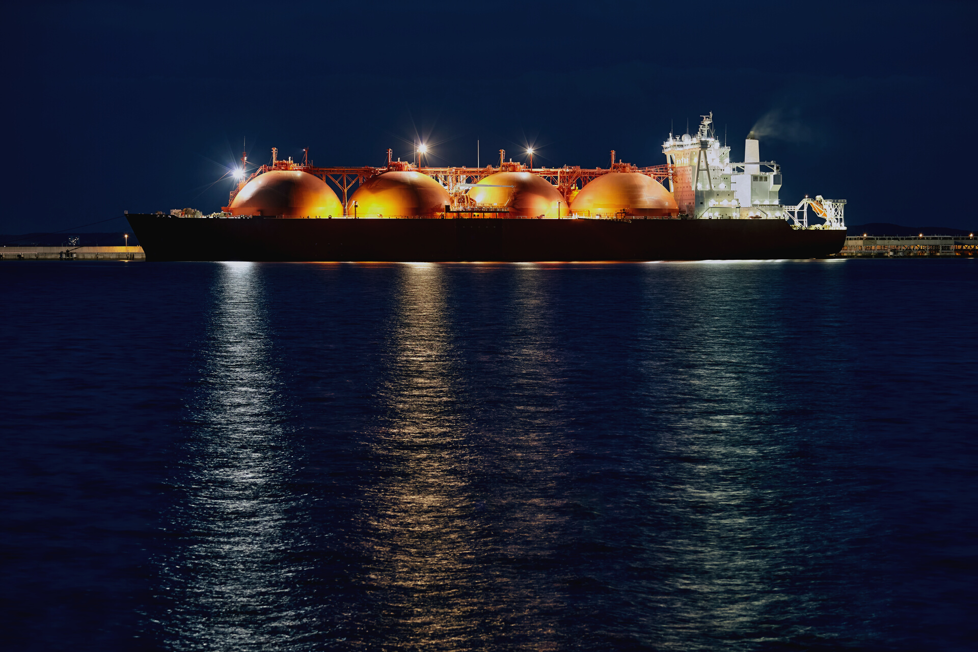 LNG Tanker by the Sea Port at Night