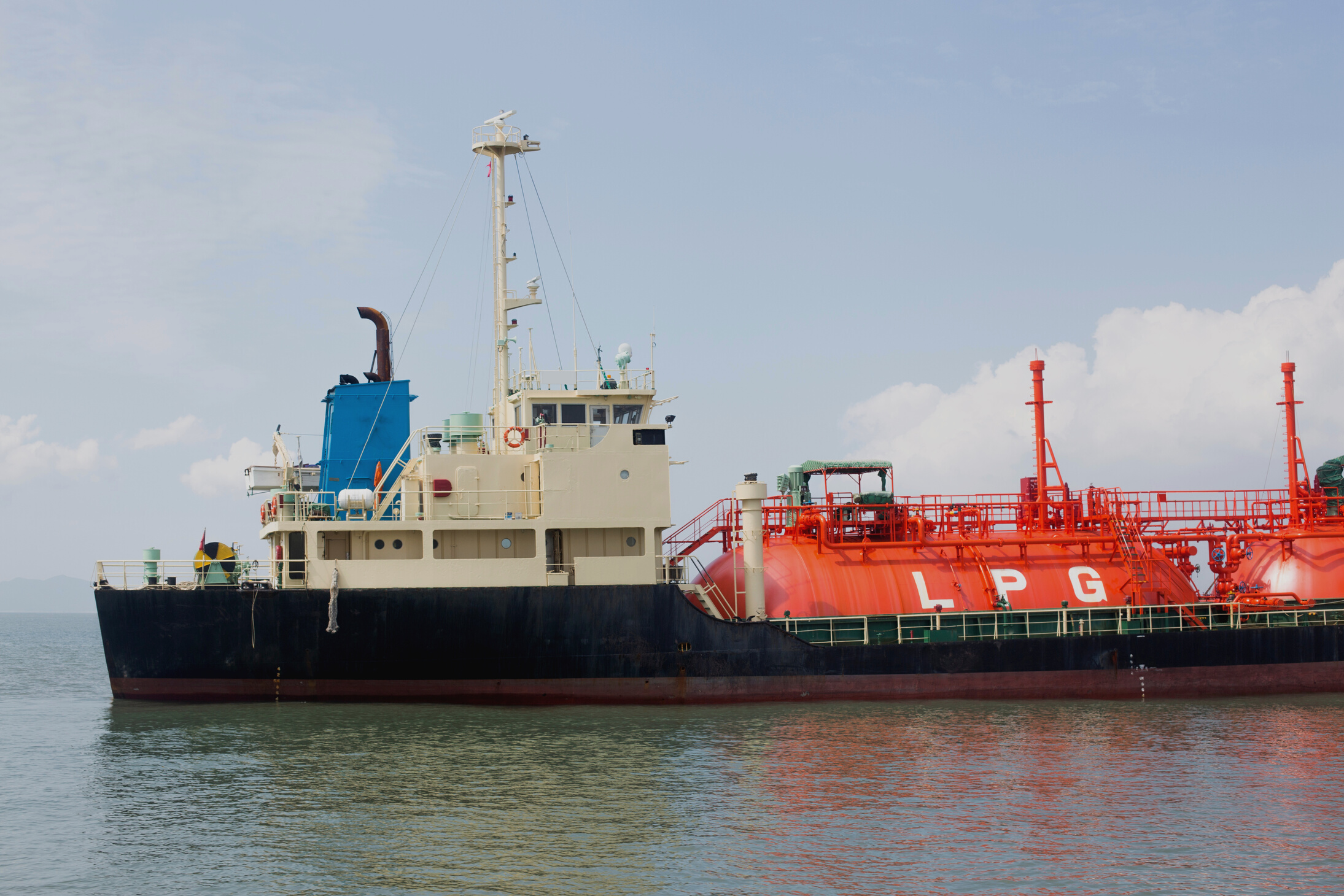 Docked LPG cargo ship. LPG gas tanker ship at sea