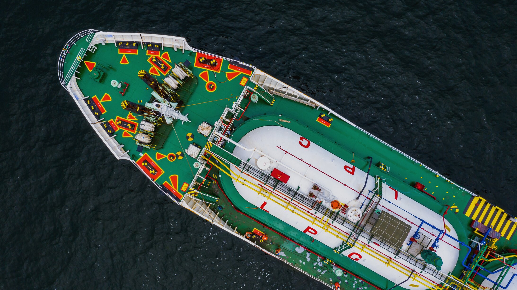 Ship tanker gas LPG, Aerial view Liquefied Petroleum Gas (LPG) tanker, Tanker ship logistic and transportation business oil and gas industry.